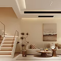 Modern Dining and Living Room Interior With Beige Sofa Wooden Coffee Table And Staircase Design