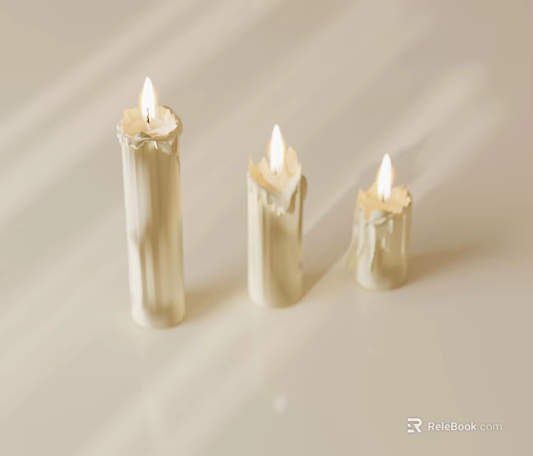 Three Lit White Decorative Candles With Soft Light And Shadow Effects 3d model 