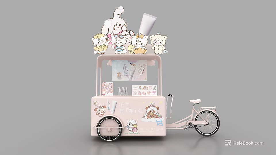 Cute Pink Tricycle Cart With Cartoon Characters And Decorations 3d model 