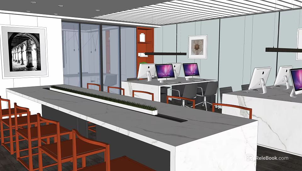 Modern Public Office Space With White Desks Multiple Computer Monitors And Orange Chairs 3d model 