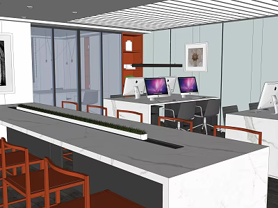 Modern Public Office Space With White Desks Multiple Computer Monitors And Orange Chairs 3d model