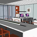 Modern Public Office Space With White Desks Multiple Computer Monitors And Orange Chairs 3d model