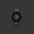 Sporty Watch With Blue Strap Yellow Stitching Black Dial Green Digital
