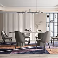 Modern Dining Room Featuring Rectangular Table Gray Chairs Hanging Pendant Lights Textured Wall And Rug 3d model
