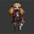 3D Girl Character Model With Blonde Hair Red Blue Outfit Holding Sword On Wooden Platform