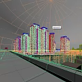 Modern High Rise Residential Buildings with Greenery and Road at Sunset Near City Skyline
