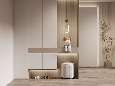 Modern Minimalist Lighted Shoe Cabinet With Round Stool Shoes Underneath And Plush Toy Decoration 3d model