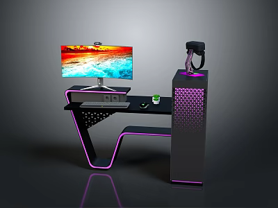 Modern Gaming Desk Setup With RGB Lighting Monitor And Headphone Stand 3d model