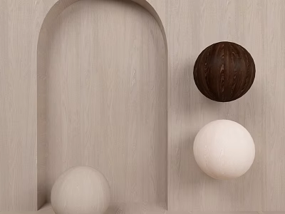 Architectural Design Components Featuring Arched Structure Wooden Background And Brown White Spheres 3d model