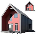 Cartoon Scene Modern House With Gabled Roof Large Windows And Red Small House Design