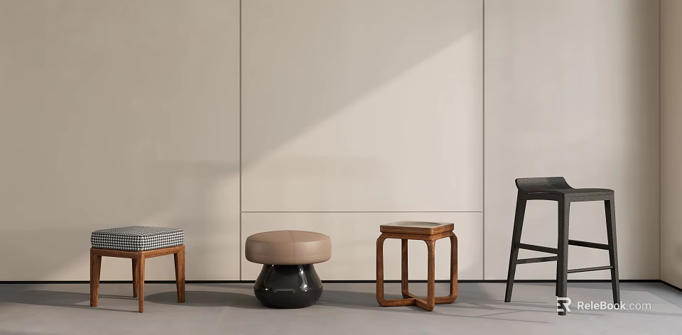 Various Stylish Stools with Checkered Cushion Round Seat and Wooden Frame Design 3d model 