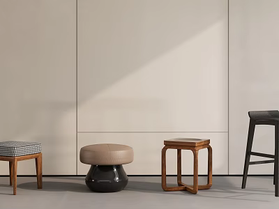 Various Stylish Stools with Checkered Cushion Round Seat and Wooden Frame Design 3d model