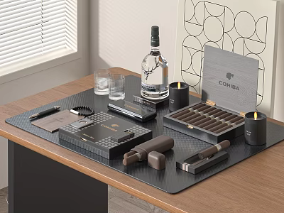Elegant Decorative Ornament Set With Whiskey Bottle Glasses Cigars Chocolate Box Candles For Desktop 3d model