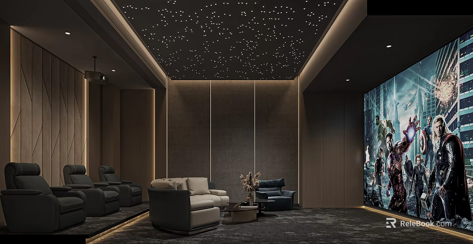 Modern Luxury Home Theater Interior Design With Starry Ceiling Comfortable Seating And Large Projection Screen 3d model 