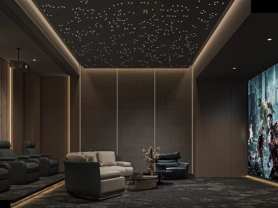 Modern Luxury Home Theater Interior Design With Starry Ceiling Comfortable Seating And Large Projection Screen 3d model