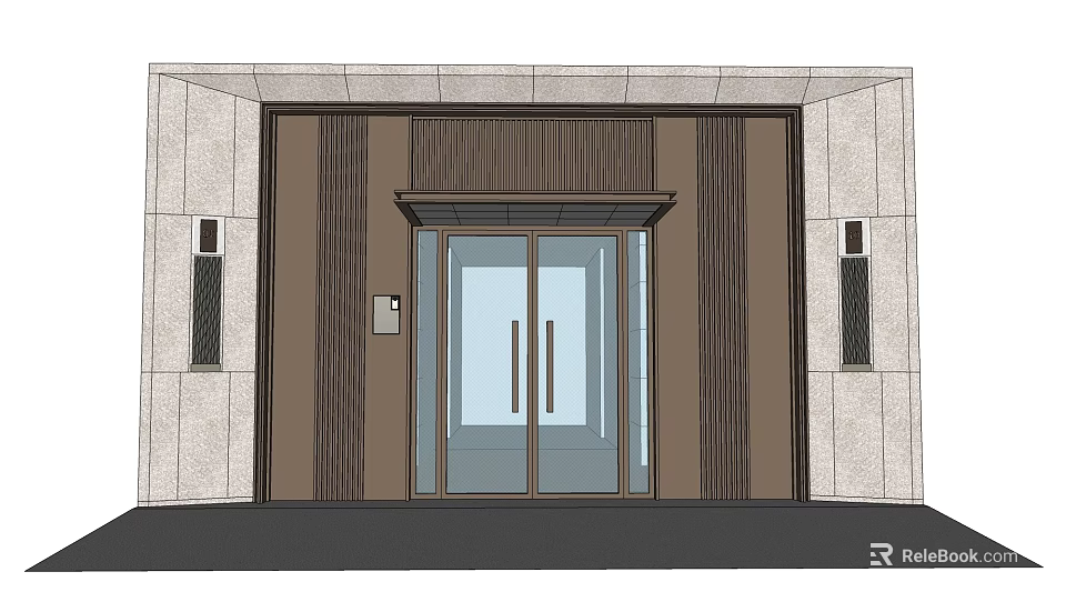 Modern Entrance Door With Double Glass Panels Stone Wall Accents And Side Wall Lamps 3d model 