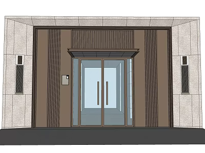 Modern Entrance Door With Double Glass Panels Stone Wall Accents And Side Wall Lamps 3d model