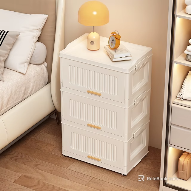 White Three Drawer Nightstand with Golden Handles Table Lamp Alarm Clock and Books in Bedroom 3d model 