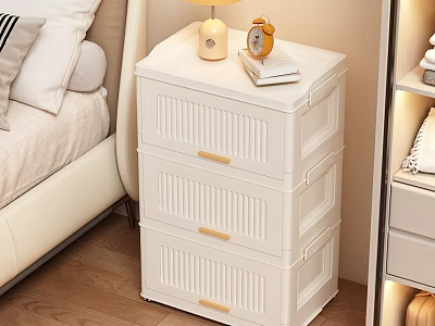 White Three Drawer Nightstand with Golden Handles Table Lamp Alarm Clock and Books in Bedroom 3d model