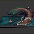 Orange Spotted Fish Shaped Creature With Blue Eyes Curved Body Blue Platform And Small Boat