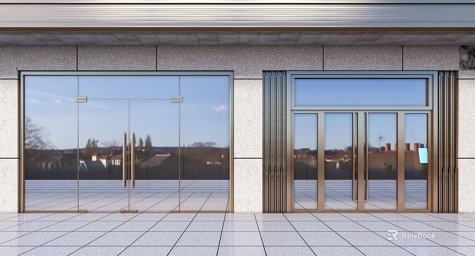 Modern Glass Double Doors For Building Entrance With Tile Floor Exterior Design 3d model 