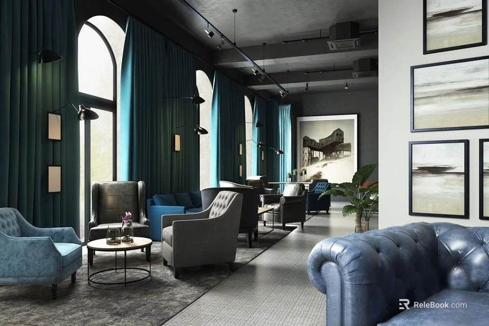 Modern Café Interior Design With Comfortable Sofas Arch Windows And Decorative Paintings 3d model