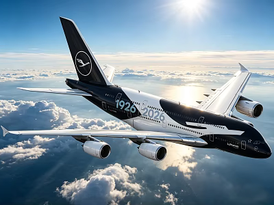 Sunlit Passenger Airplane Flying Above Clouds With 1926 to 2026 Anniversary Tail Logo And Engines 3d model