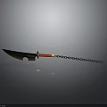 Traditional Weapon With Sharp Curved Blade Red Green Handle And Metallic Chain