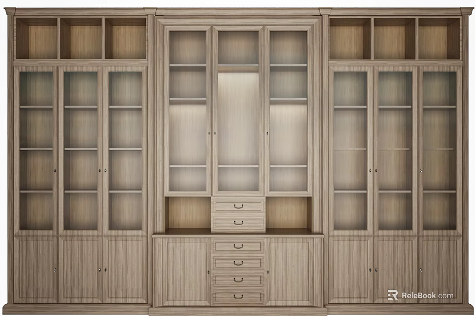 Modern Wooden Bookcase With Multiple Glass Door Compartments And Central Drawer Unit 3d model 