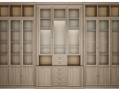 Modern Wooden Bookcase With Multiple Glass Door Compartments And Central Drawer Unit 3d model
