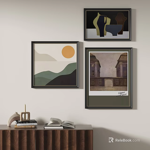 Abstract Paintings Wall Art With Sun Shape Mountain And Building Design Elements 3d model 