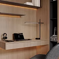 Modern Home Office Interior With Wooden Desk Black Bookshelf Green Plant And Window Blinds