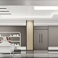 Modern Showroom Interior With White Shelves Product Displays Gray Sofa Marble Flooring And Modern Lighting