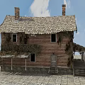 Old Wooden House With Two Chimneys Tile Roof Windows And Stone Slab Porch