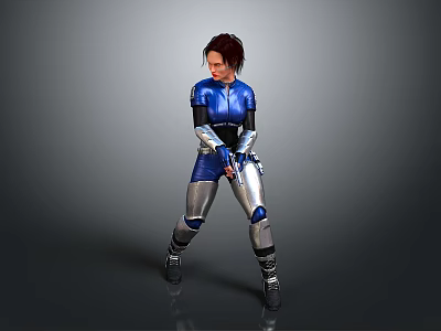 Female Warrior Character In Blue Silver Armor With Combat Stance 3D Render Grey Background 3d model