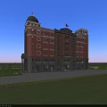 Red Brick School Building With Dome Tower Red Flag Green Trees And Lawn