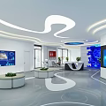 Modern Bank Lobby Interior with White Robot Blue China Map Wall and Circular Reception Desk