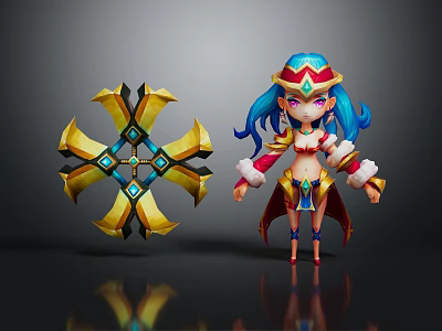 Vibrant Game Character With Blue Hair Colorful Hat And Golden Cross Weapon With Blue Gems 3d model