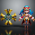 Vibrant Game Character With Blue Hair Colorful Hat And Golden Cross Weapon With Blue Gems
