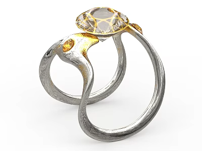 Unique Silver Twisted Band Ring With Transparent Gemstone And Gold Accents 3d model