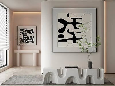 Modern Abstract Painting In Contemporary Interior With White Wall And Green Plant Decoration 3d model