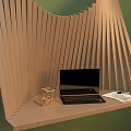 Wooden Curved Wall Decor With Vertical Slats And Wall Mounted Desk With Laptop