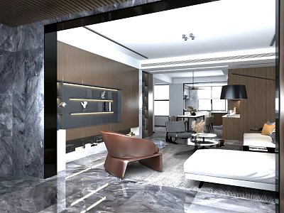 Modern Living Dining Room Interior With Sofa Dining Table And Decorative Shelves 3d model