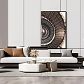 Modern Living Room With Beige Sofa Brown White Cushions Round Marble Coffee Table Dried Flowers