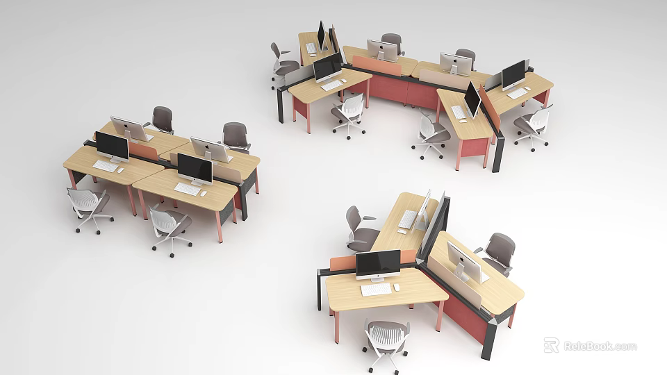 Modern Office Desks With Ergonomic Chairs And Computer Monitors In Workstation Layout 3d model 