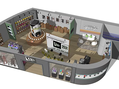 Modern Retail Store Interior With Product Displays Shelves And Brand Signage 3d model