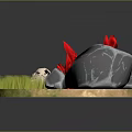Natural Outdoor Scene With Skull Bones Gray Rocks Red Flowers And Green Grass