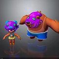 Cute Purple Cartoon Characters Big And Small With Green Eyes Blue Shorts And Yellow Dress