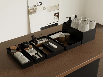 Rolled Towels In Black Organizers On Wooden Table 3d model