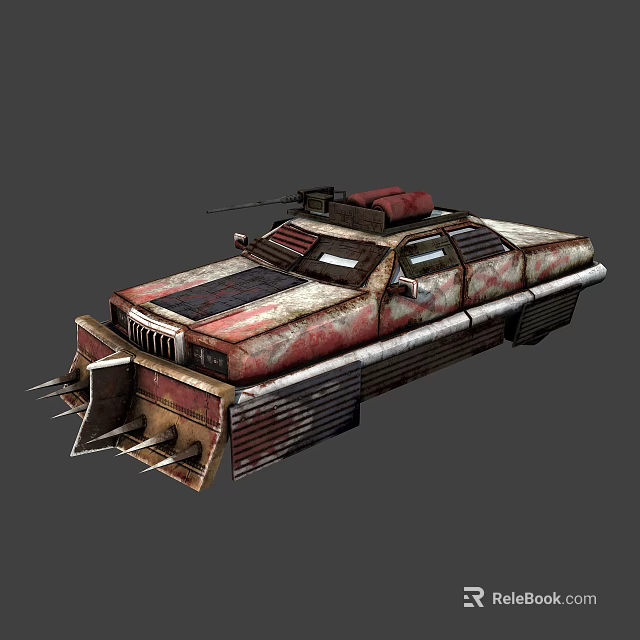 Armored Military Vehicle With Front Plow Roof Mounted Weapon And Rusted Exterior Design 3d model 